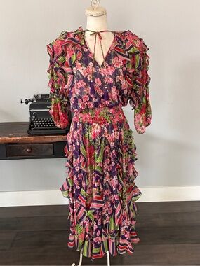 Vintage 1980s Diane Freis Floral Ruffle Tiered Dress - Size Medium